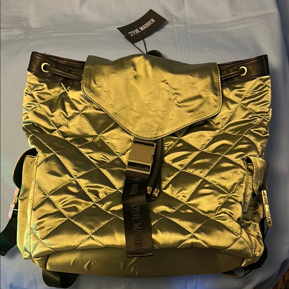 Steve Madden Olive Green 🫒 Satin Drawstring Quilted Large Buckle Backpack
